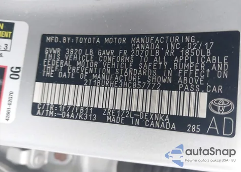 2017 Toyota Corolla Le из США, поврежденный, VIN 2T1BURHE3HC857772